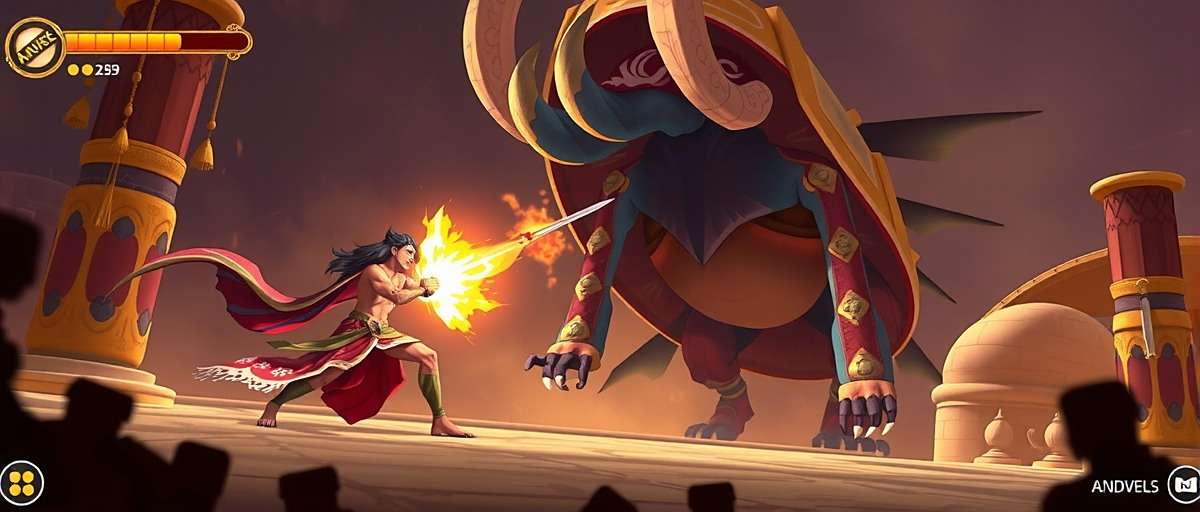 Anise Spectacle Sovereign Gameplay Screenshot Anise Spectacle Sovereign gameplay showing a character in traditional Indian warrior attire fighting a mythical creature